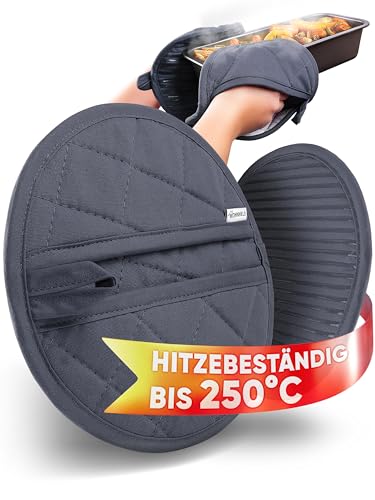 WOHNHELD Premium Topflappen (Extrem hitzebeständig bis 250 °C) waschbare & weiche Baumwolle - Ofenhandschuhe Topfuntersetzer mit praktischen Greif-Taschen - 20cm Grau