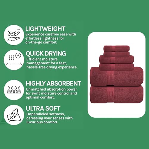 Image of Sulfar 100% Combed Cotton, 6 Pcs Towel Set - 2 Bath Towels (70 x 140 cm), 2 Hand Towels (40 x 70 cm) and 2 Face (30 x 30 cm) (600 GSM, Pack of 6) Red Wine