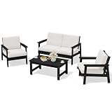 SERWALL HDPE Outdoor Furniture Set, 4 Piece Outdoor Sofa Set, Black Frame with Khaki Cushions