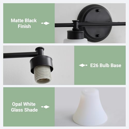 Image of LOUSACE 4 Light Bathroom Vanity Light Matte Black Bathroom Lighting Fixtures Over Mirror with Opal White Frosted Glass Shade, Vintage Traditional Wall Lighting Fixture Vanity Lights for Bedroom