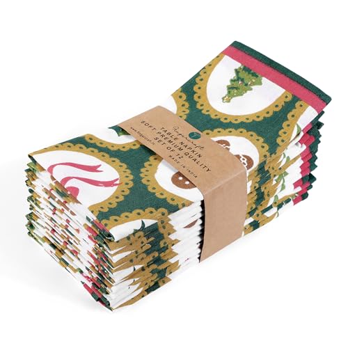 FINGERCRAFT Cloth Napkins Set of 12 Cotton Blend, 20x20, Vintage Christmas