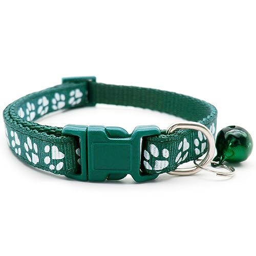 Small Dog Puppy Pet Collar Pawprint Design with Bell Nylon Adjustable Size 19-32cm Bottle Dark Green - Image 2