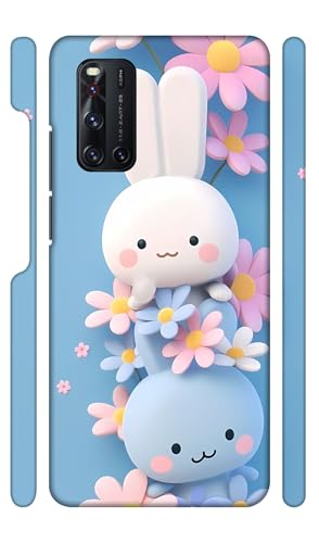 Image of White n Blue Bunny Flowers Designer Printed Hard Back Cover for Vivo V19 Attractive and Uniquely Crafted Smartphone Case