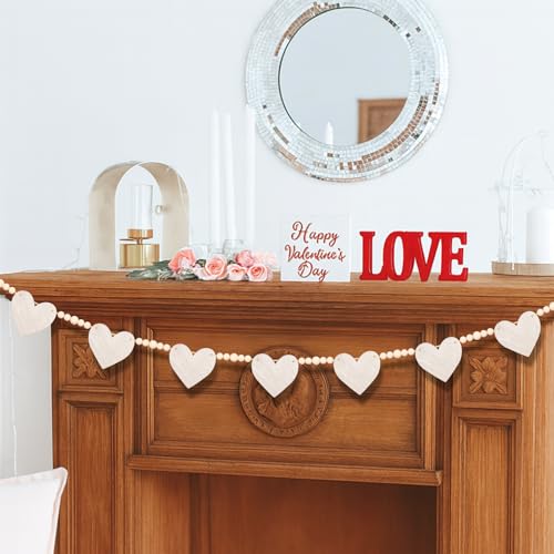 Arosche Valentines Day Decorations Wooden Rustic White Hearts with Beads Farmhouse Garlands Vintage Happy Valentine's Day Banner for Mantle, Fireplace, Wall, Party Supplies, Indoor Outdoor Decor