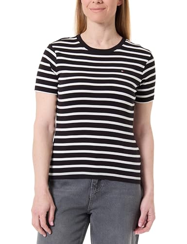 Tommy Hilfiger Women's Slim Cody C-NK SS WW0WW40587 S/S T-Shirt, Black (Black/Ecru STP), XL