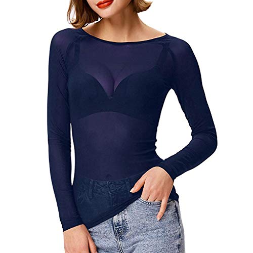 VDDTAGAM Womens Stretchy Scoop Neck Sheer See Through Sexy Slim Fit Mesh Tops Long Sleeves Blouse VDD51