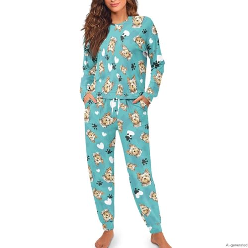 Image of Women's 2 Piece Printed Pajama Set Long Sleeve Sleepwear Set with Long Pants Casual Lounge Sets with Pocket