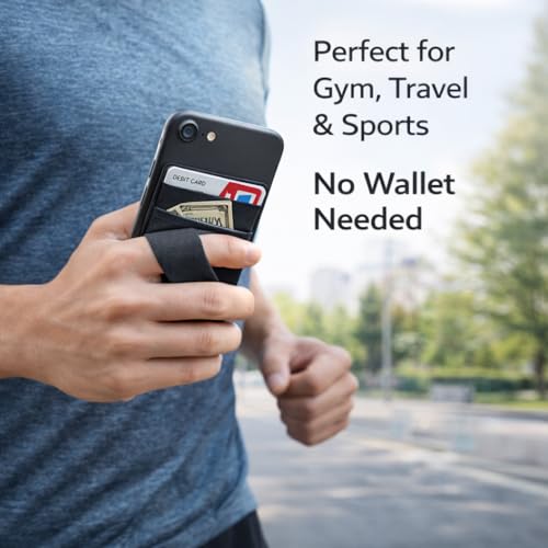 Image of Mizi (2 Pack Adhesive Phone Stretchy Wallet, Card Holder for Back of Phone Stick on Cases, Unique Double Pocket Design + Finger Strap for iPhone /Android /Samsung Galaxy - Black