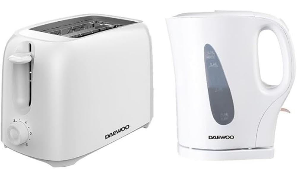 Daewoo Essentials Plastic 1.7 Litre Kettle and 2 Slice Toaster Set White, Breakfast Combo, Fill Roughly 7 Cups in One Boil, Visible Water Window and Variable Browning Controls, Clean Simple Design