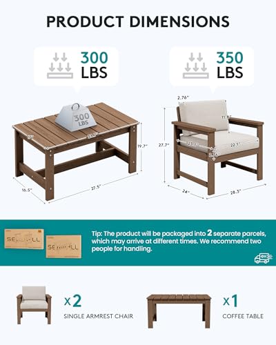 Image of SERWALL 3 Pieces HDPE Outdoor Sofa Bistro Set with Cushion, Patio Outdoor Furniture Sofa Sets with Porch Chairs and Coffee Table, Brown Frame /Khaki Cushion