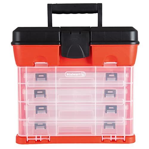 Portable Tool Storage Box - Small Parts Organizer with 4 Multi-Compartment Trays for Fishing Tackle, Hand Tools, or Craft Supplies by Stalwart (Red)