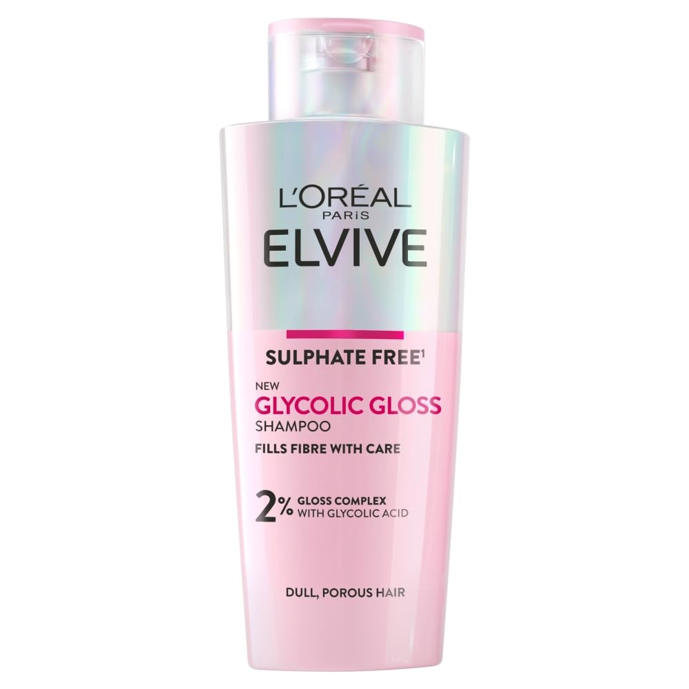 L'Oreal ParisElvive Glycolic Gloss Sulphate-Free Shampoo, with 2% Glycolic Acid Complex, Instantly Transforms Dull Hair for Shine, Smoothness & Strength, All Hair Types, 250ml
