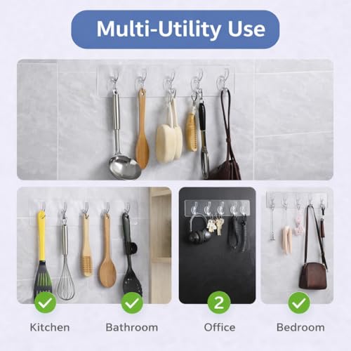 Image of Self Adhesive Hooks for Wall Heavy Duty - 10kg Load Capacity Waterproof Transparent Wall Hooks for Hanging - No Drilling Nail (ProHold Hoo (6 Hook Strip Pack 2)