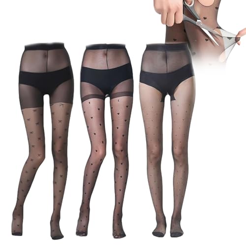 3 Pairs Patterned Tights for Women Sheer Ultra Thin High Waist Pantyhose Heart, Polka Dots, Bow