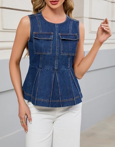 Kedera Denim Vest Crew Neck Sleeveless Crop Tank Tops for Women Ruffle Hem Jean Vest Top 2025 Summer4