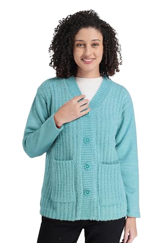 Image of MANRA Women's Woolen V-Neck Buttoned Full Sleeve Cardigan Self Design Soft Wool Fabric Winter Wear Pure Wool Sweater Fully Warm with Front Pockets Stylish Cardigan
