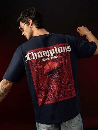 Image of The Souled Store Champions Men and Boys Short Sleeves Round Neck Navy Blue Graphic Printed Cricket Graphic Casual Lightweight Drop Shoulder Streetwear Trendy Oversized T-Shirt