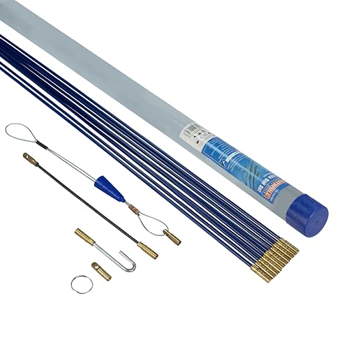 Kit de varillas y accesorios Faithfull para cables – 10 metros, 4 mm de diámetro – Kit de 15 piezas con 10 varillas de fibra de vidrio de 1000 mm, guía pasacables y tubo de almacenamiento
