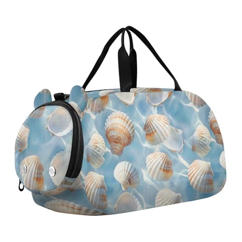 Duffle Bag for Boys or Girls with Shoes Compartment, White Seashells Blue Water Sports Travel Bag Overnight