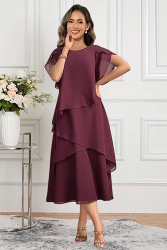 Tea Length Chiffon Mother of The Bride Dresses Layered Grandmother Dress Short Sleeve Wedding Guest Dresses Summer4