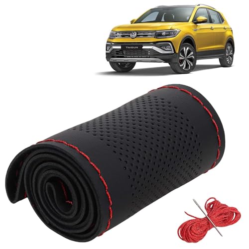 Image of KINGSWAY PU Leatherite Car Steering Cover Sewable Compatible with Volkswagen Taigun (Year 2021 Onwards), Black Color with Red Thread, Pack of 1 with Sewing Needle and Thread