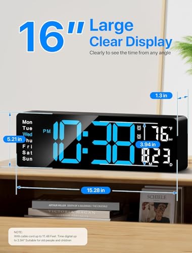 Image of 15-Inch Digital Wall Clock with Large LED Display - Remote Control, Auto-Dimming, Night Light, Date, Day, Temperature, DST Function - Ideal for Living Room, Bedroom (16 Inch Blue)