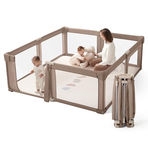 Image of Baby Playpen Portable, Pre-Assembled Play Pen 71x79 Large Foldable Playpen for Babies and Toddlers, Sturdy and Safe Toddler Play Yard Indoor Outdoor with Carry Bag, Dark Khaki