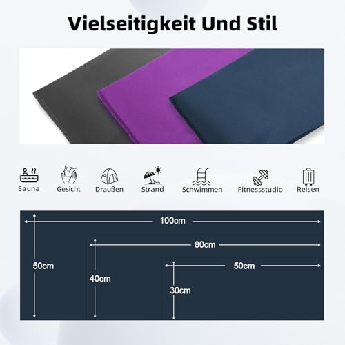 Mikrofaser Handtuch 3er Set (50*100cm): Schnelltrocknend & Kompakte Microfaser Sporthandtuch, für Reisehandtuch, Badetuch, Fitness, Strandtuch und Sport Handtücher(Lila + Marineblau + Dunkelgrau)