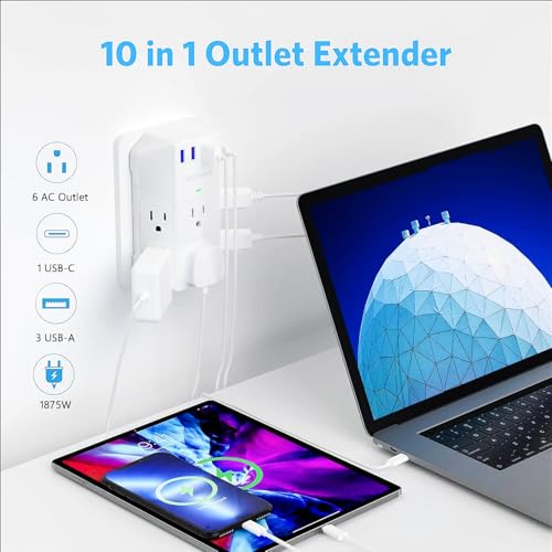 Extensión de toma múltiple Vansoet con 6 salidas y 4 puertos USB (1 USB C PD 20W), protector de sobretensión de 2100J, tomas en 3 lados para viaje, hogar, oficina, dormitorio miniatura 3