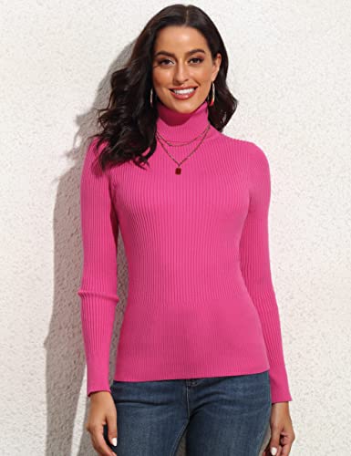 Image of PrettyGuide Women's Ribbed Turtleneck Long Sleeve Sweater Tops Hot Pink S