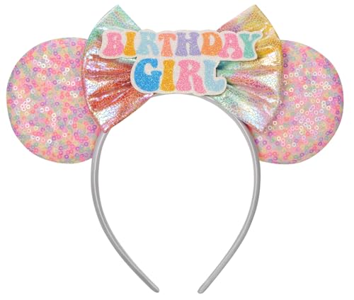 Seamoy Diadema de orejas de Minnie con lentejuelas, decoraciones de cumpleaños temáticas de Minnie, accesorios de camisa de cumpleaños para niña, diadema de orejas de ratón de cumpleaños (cumpleaños