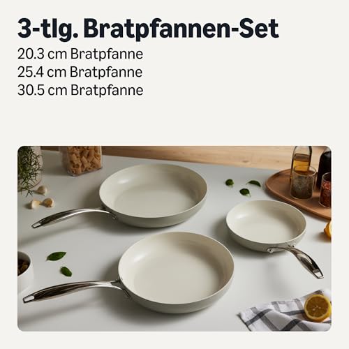 Nepřilnavé keramické nádobí Amazon Basics, 3dílná sada pánví, vhodné pro všechny typy sporáků, lze mýt v myčce, povlečení šedé