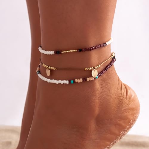 Image of Qceasiy Bead Ankle Bracelets Set For Women, Adjustable Boho Shell Anklet, Hawaiian Beach Seashell Pearl Disc Starfish Conch Foot Jewelry, Summer Fashion Gifts(Disc Bead 3Pcs)