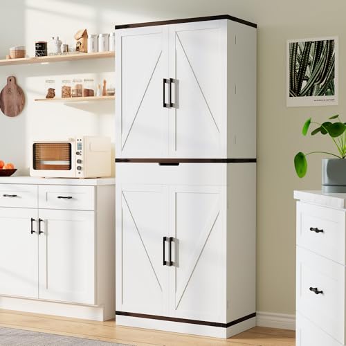 Image of GRUSIGN 72 inch Kitchen Pantry Storage Cabinet with Doors and Shelves, Wood Farmhouse Pantry Storage with Barn Doors for Kitchen, Dining Room, Living Room