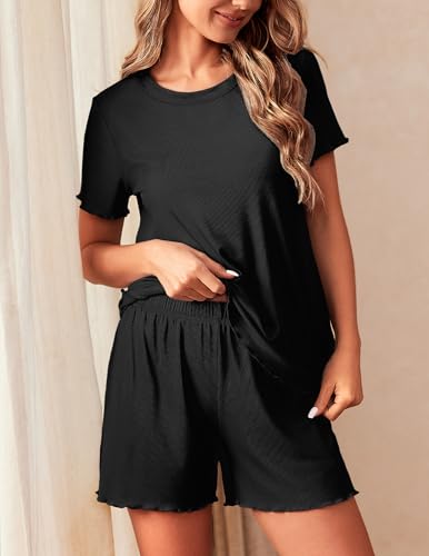 Image of Ekouaer 2 Packs Women Pajama Set Short Sleeve Sleepwear Soft Top and Shorts | Casual Pjs Outfits Ribbed Knit Lounge Set with Pockets