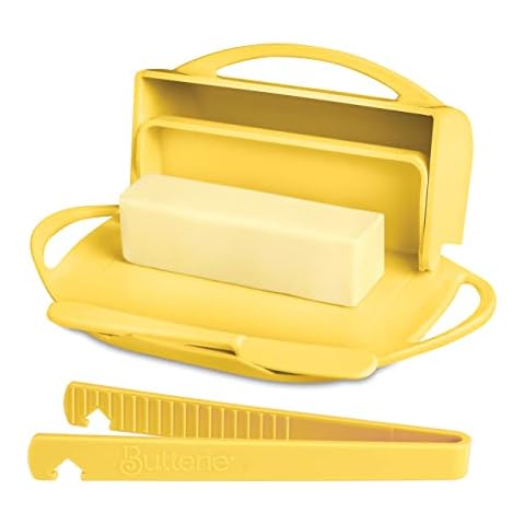 Butterie Flip-Top Butter Dish with Lid & Matching Knife Spreader for Countertop w/Toaster Tongs, No-Mess Butter Tray Holds 2 Sticks/Kerrygold, Butter Keeper for Soft Butter, Dishwasher Safe (Yellow) Cover