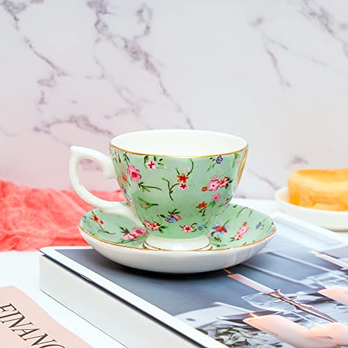 Lanhong 6 Ounces Tea Cup And Saucer Set Floral Tea Coffee Cup With Saucer Bone China Teacup And Saucer Set Gift For Mom Friend Tea Party (Green-Flower1) #TOP4