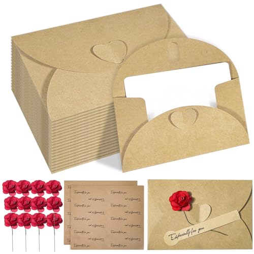 Prebarfun 20 peças envelopes de papel kraft com 20 cartões de papel em branco, mini envelopes com fecho de coração para cartões de presente DIY graffiti
