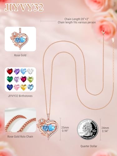 Forever Love Rose Gold Double Birthstone Heart Necklaces for Women，Rose Gold Fine Jewelry, Pendant Heart Necklaces Birthday Anniversary Christmas Gift for Women Wife Mom Girlfriend Lady4