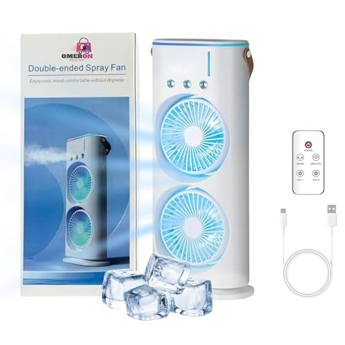 Image of (10 YEARS WARRANTY) Portable Double Ended Spray Fan with Powerful Cooling, Adjustable 3-Speed Modes, USB Rechargeable Battery, Remote & Touch Control, and Ice Chamber