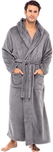 Alexander Del Rossa Men’s Robe, Plush Fleece Hooded Bathrobe with Two Large Front Pockets and Tie Closure, Steel Gray, Large-X-Large