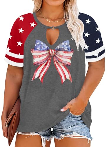 Image of Ithalt Plus Size American Flag Shirt Women Bow T Shirt 4th of July Shirts USA Patriotic V Neck Tees for Independence Day