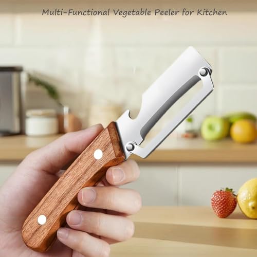 Image of Multifunctional Stainless Steel Vegetable Peeler with Bottle Opener, Wooden Handle Fruit Peeling Knife, Heavy Duty Kitchen Peeler for Potato, Cucumber, Carrot, Apple & Vegetable Slicer.