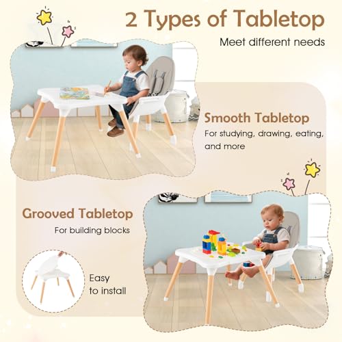 Image of GLACER High Chair, 6-in-1 Convertible Wooden High Chairs for Babies and Toddlers w /Building Block Table, 5-Point Safety Harness, Removable Tray, PU Cushioned Baby High Chair for 6-36 Months (Grey)