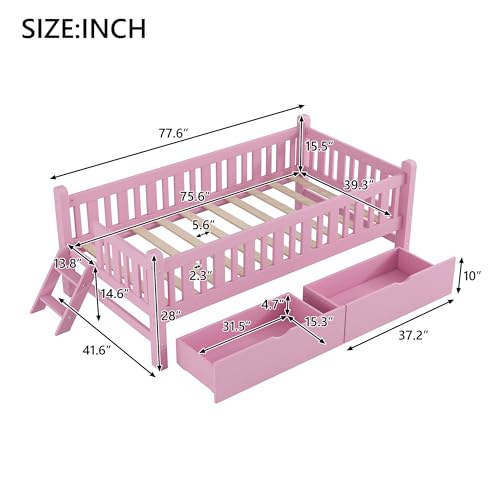 Bellemave Twin Size Kids Montessori Bed with Stairs,Solid Wood Twin Size Kids Bed Frame with Storage Drawers for Girls Boys,Low-Profile,Pink by Bellemave - Used condition - Image 3