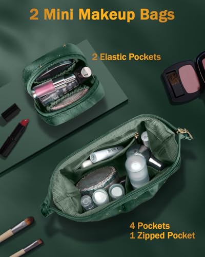 Wedama Makeup Bag, Double-layer Cosmetic Bag with Jewelry Storage and Brush Holders 3 Pcs Velvet Makeup Bag Set Travel Makeup Organizer Bags Cosmetic Case Toiletry Bag for Women Girls, Dark Green3