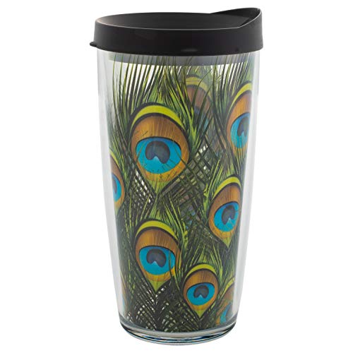 Signature Tumblers Peacock Feathers Wrap on Clear 16 Ounce Double-Walled Travel Tumbler Mug with Black Easy Sip Lid