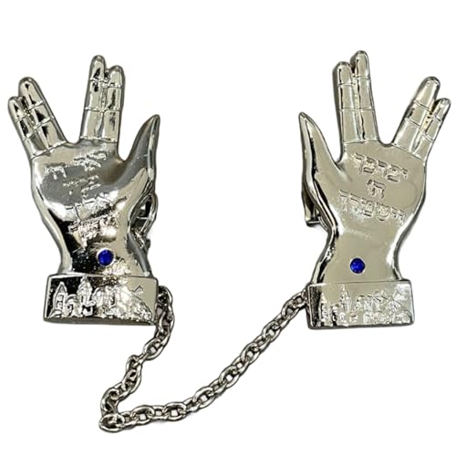 Clips for Tallit Prayer Shawl, Made in Israel, Silver Color, Two Hand with Hebrew Blessing and Blue Stone