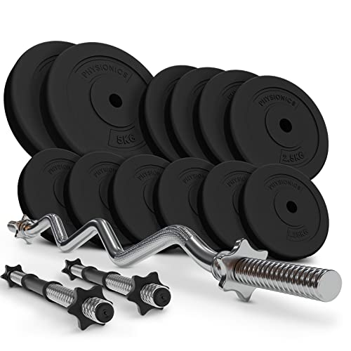 Physionics® Hantelstangen mit Gewichten - 36/56/76 kg Set, SZ Curl Bar...