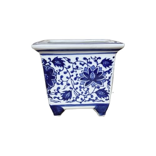 Decorative Square Ceramic Planter Pot, Blue and White Floral Design with Pedestal Feet, 5.5' Diameter x 4.5
